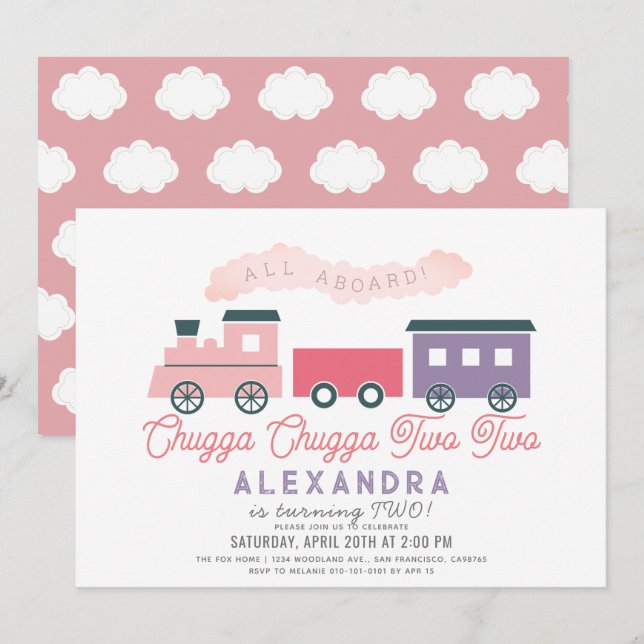 Chugga Chugga Two Two Train Pink Girl 2nd Birthday Invitation (Front/Back)