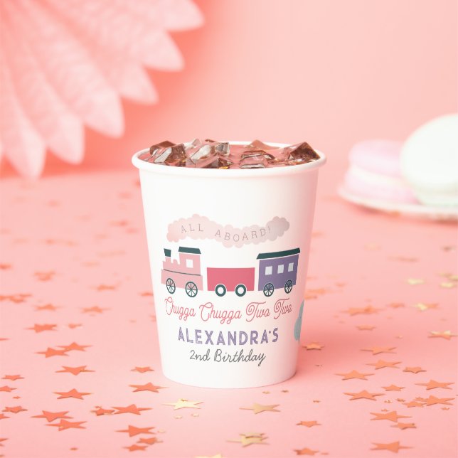 Chugga Chugga Two Two Train Pink Girl 2nd Birthday Paper Cups (Insitu)