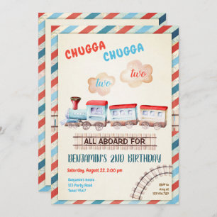 Chugga Two Train Choo Boy Red Blue 2nd Birthday Invitation