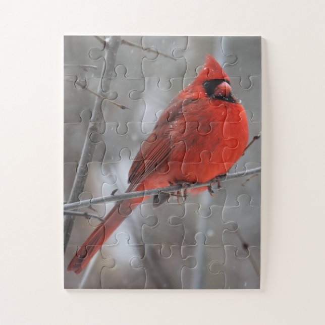 Chunky Bright Red Male Cardinal in Winter Snow Jigsaw Puzzle (Vertical)