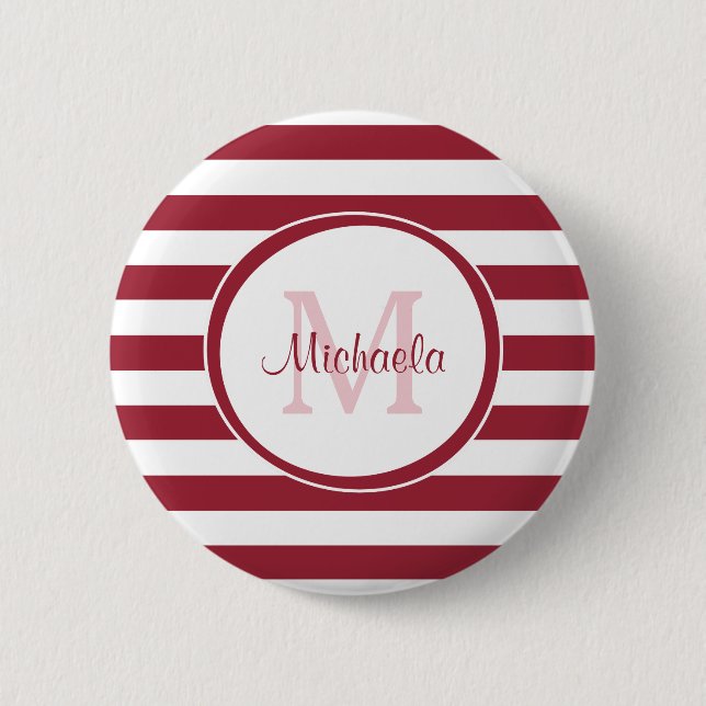Chunky Deep Red Stripes Simple Monogram and Name 2 Inch Round Button (Front)