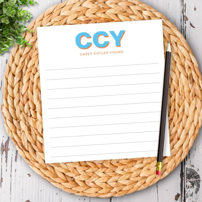 Chunky Initials Blue and Orange Personalized Lined Notepad (Creator Uploaded)