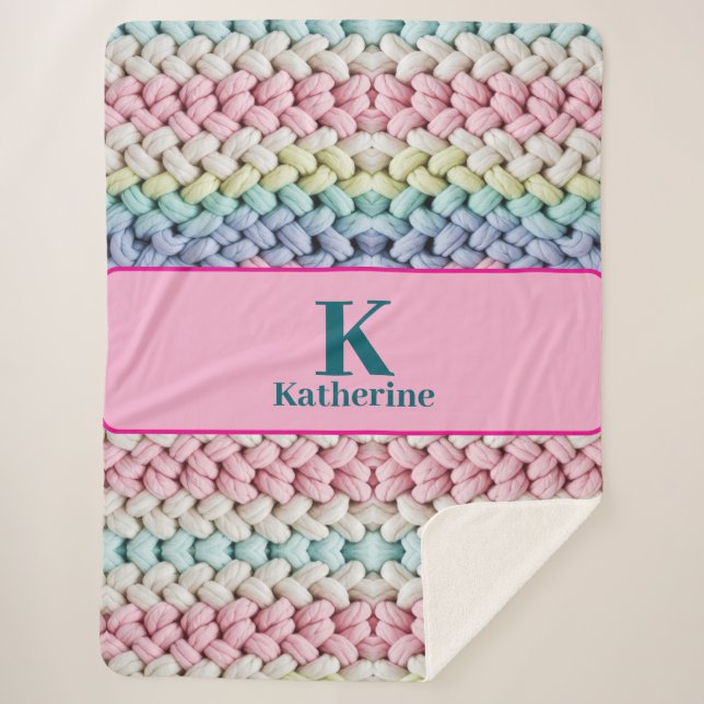 Chunky Pastel Knit Monogram Custom Name Gift Sherpa Blanket (Front)