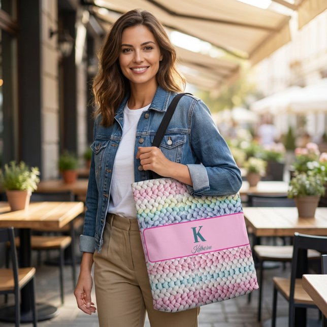 Chunky Pastel Knit Monogram Personalized Name Tote Bag (Creator Uploaded)