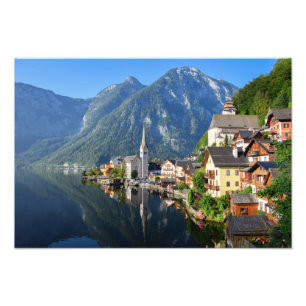 Church and village of Hallstatt, Austria with Alps Photo Print