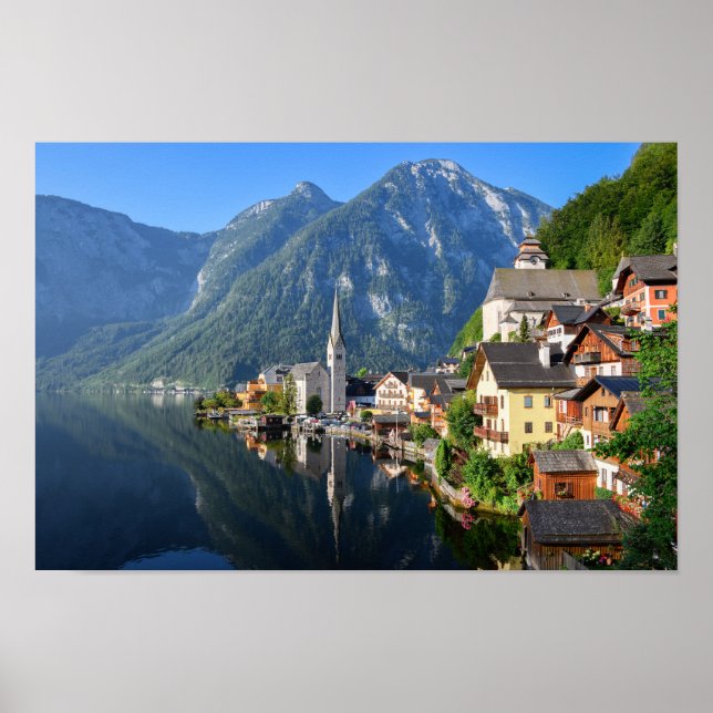 Church and village of Hallstatt, Austria with Alps Poster (Front)