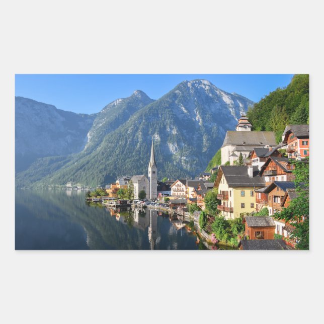 Church and village of Hallstatt, Austria with Alps Sticker (Front)