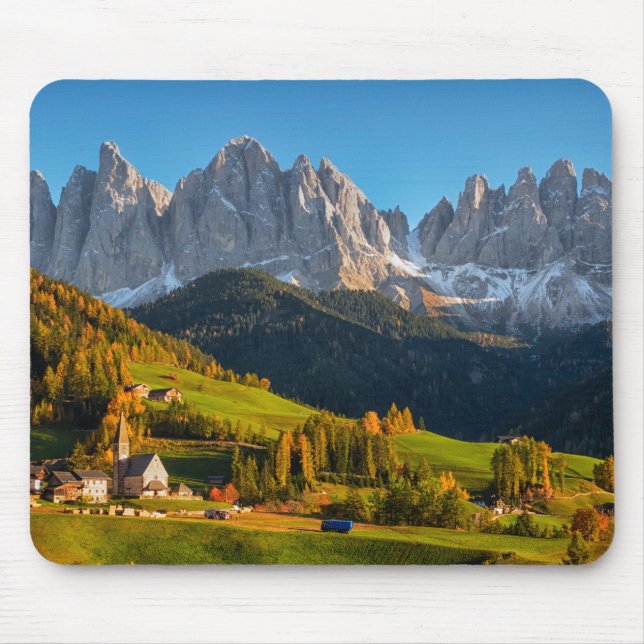 Church and village with mountains landscape mouse pad (Front)