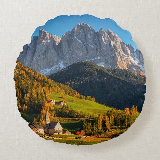 Church and village with mountains landscape round pillow (Front)