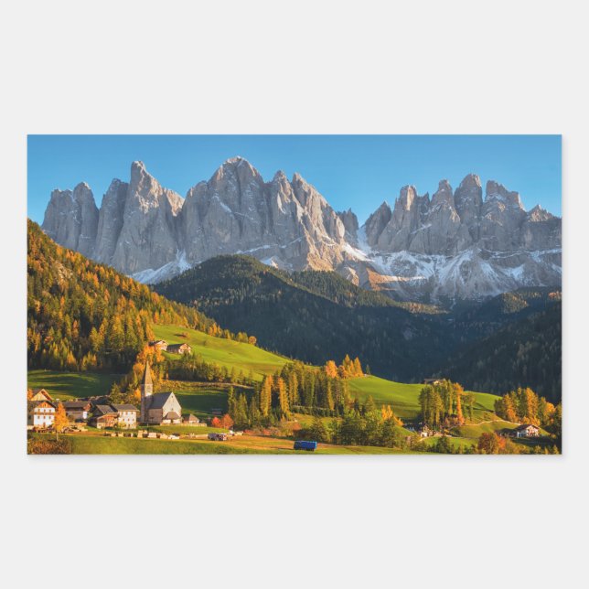 Church and village with mountains landscape sticker (Front)