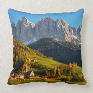 Church and village with mountains landscape throw pillow