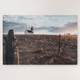Church Building & Hay Field During Sunset Jigsaw Puzzle