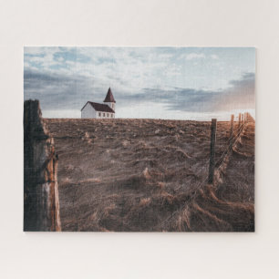 Church Building & Hay Field During Sunset Jigsaw Puzzle