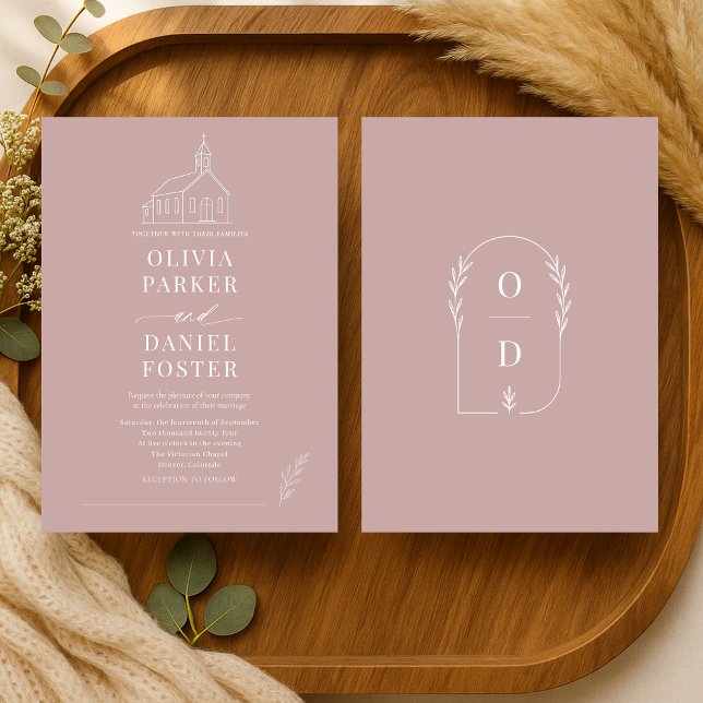 Church Chapel Mauve Pink Line Art Wedding Invitation (Creator Uploaded)