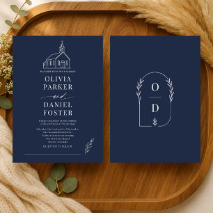 Church Chapel Navy Blue Line Art Wedding Invitation