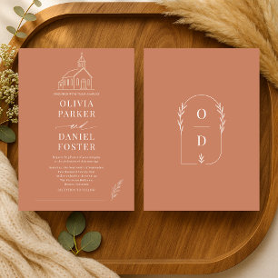 Church Chapel Terracotta Line Art Wedding Invitation