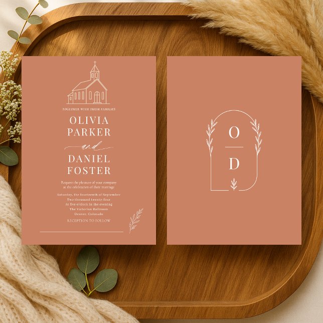 Church Chapel Terracotta Line Art Wedding Invitation (Creator Uploaded)