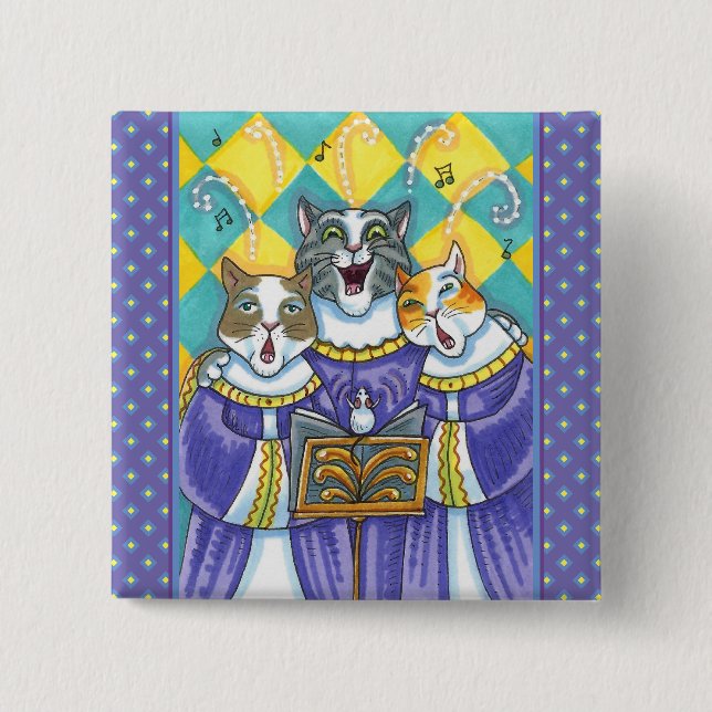 CHURCH CHOIR CATS & MOUSE SINGING CHRISTMAS CAROLS 2 INCH SQUARE BUTTON (Front)