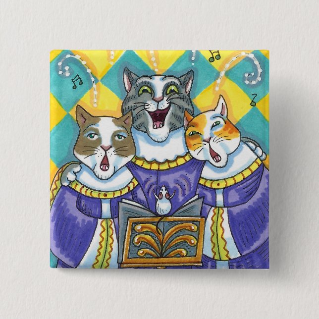 CHURCH CHOIR CATS & MOUSE SINGING CHRISTMAS CAROLS 2 INCH SQUARE BUTTON (Front)