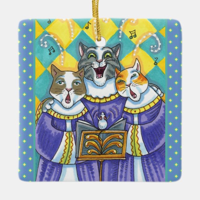 CHURCH CHOIR CATS & MOUSE SINGING CHRISTMAS CAROLS CERAMIC ORNAMENT (Front)