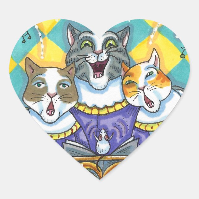 CHURCH CHOIR CATS & MOUSE SINGING CHRISTMAS CAROLS HEART STICKER (Front)