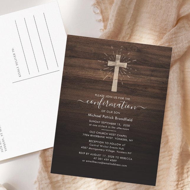Church Confirmation Religious Ceremony Rustic Wood Invitation Postcard (Church Confirmation Religious Ceremony Rustic Wood Invitation Postcard)