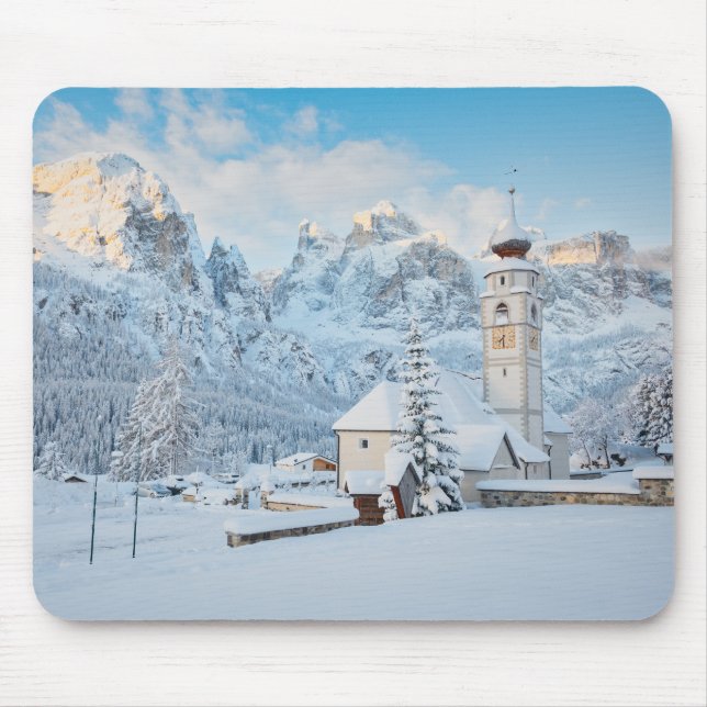 Church covered in snow with mountain background mouse pad (Front)