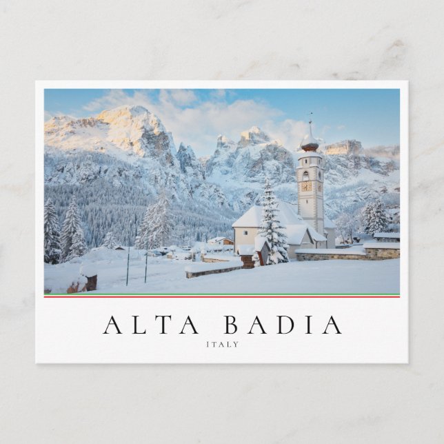 Church covered in snow with mountain background postcard (Front)