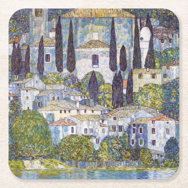 Church in Cassone, Gustav Klimt Square Paper Coaster (Front)