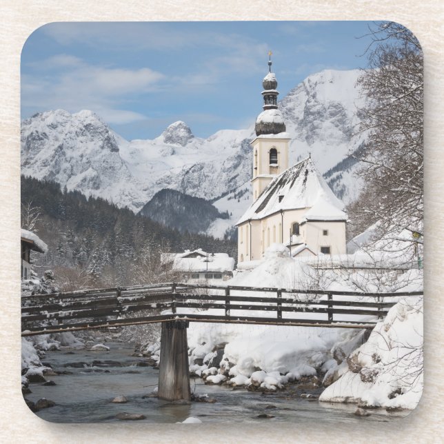 Church in the snow with Alps mountains in winter Coaster (Front)