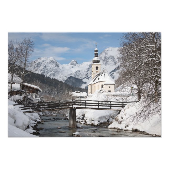 Church in the snow with Alps mountains in winter Photo Print (Front)