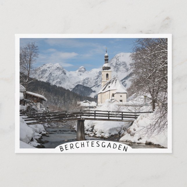 Church in the snow with Alps mountains in winter Postcard (Front)