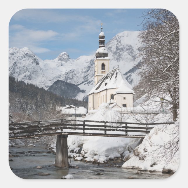 Church in the snow with Alps mountains in winter Square Sticker (Front)
