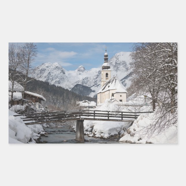 Church in the snow with Alps mountains in winter Sticker (Front)