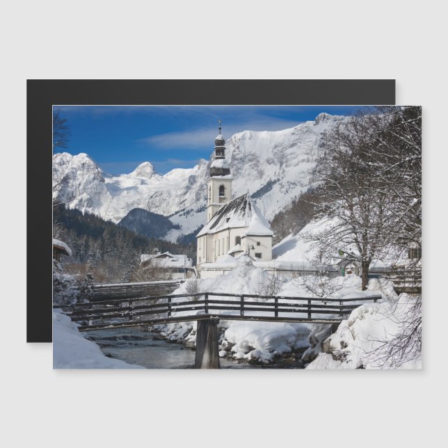 Church in the snow with Alps mountains Magnetic Invitation (Front/Back)