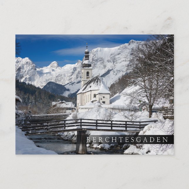 Church in the snow with Alps mountains Postcard (Front)