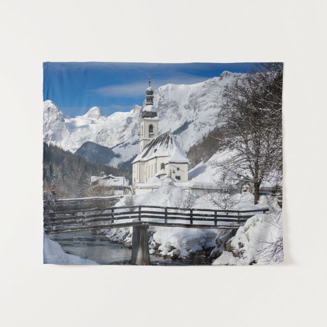 Church in the snow with Alps mountains Tapestry (Front (Horizontal))