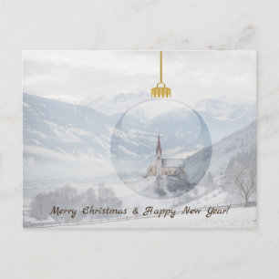 Church in winter in a glass ball christmas card