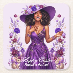 Church Lady Black Woman Purple Floral Easter Square Paper Coaster