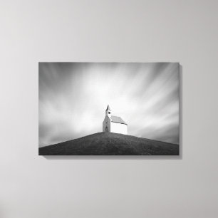 Church on a hill in black and white canvas print
