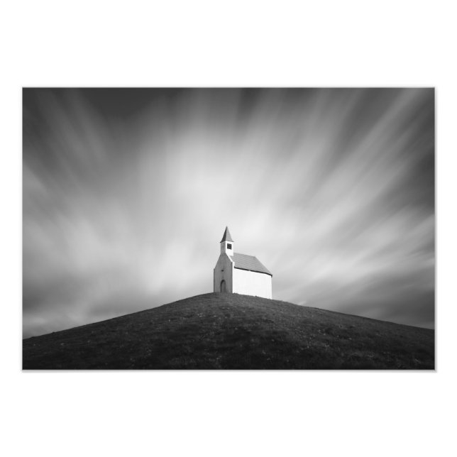 Church on a hill in black and white photo print (Front)