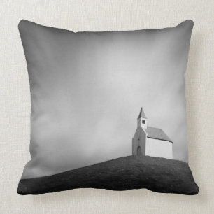 Church on a hill in black and white throw pillow