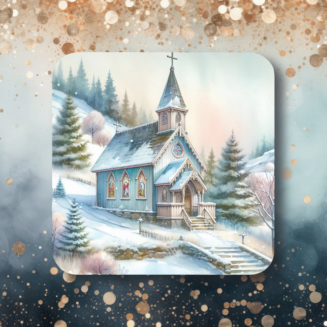 Church on a Snowy Winter Day | Christmas Square Sticker (Creator Uploaded)
