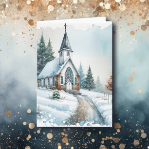 Church on a Winter Day   Watercolor Christmas Card