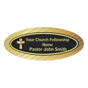 Church Pastor Classy Gold And Black Oval  Name Tag