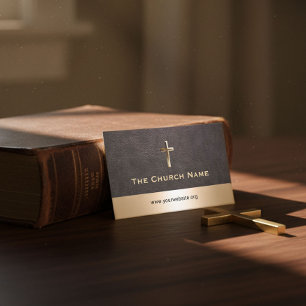 Church Pastor Elegant Dark Leather Gold Border Business Card