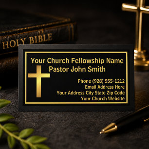 Church Pastor Elegant Simple Black Gold  Business Card