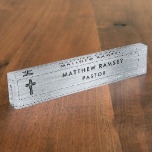 Church Pastor Minister Modern Minimal Cross Silver Nameplate