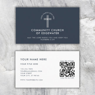 Church Pastor Modern QR code Custom Logo Navy Business Card