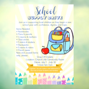 Church School Supply Drive Donation backpack Window Cling